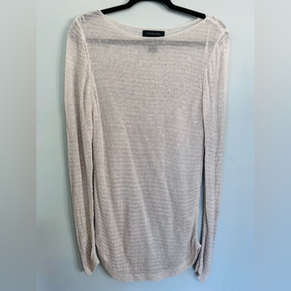 Tahari 100% Linen Knit Sweater Top M Beige Lightweight Open Weave Minimalist